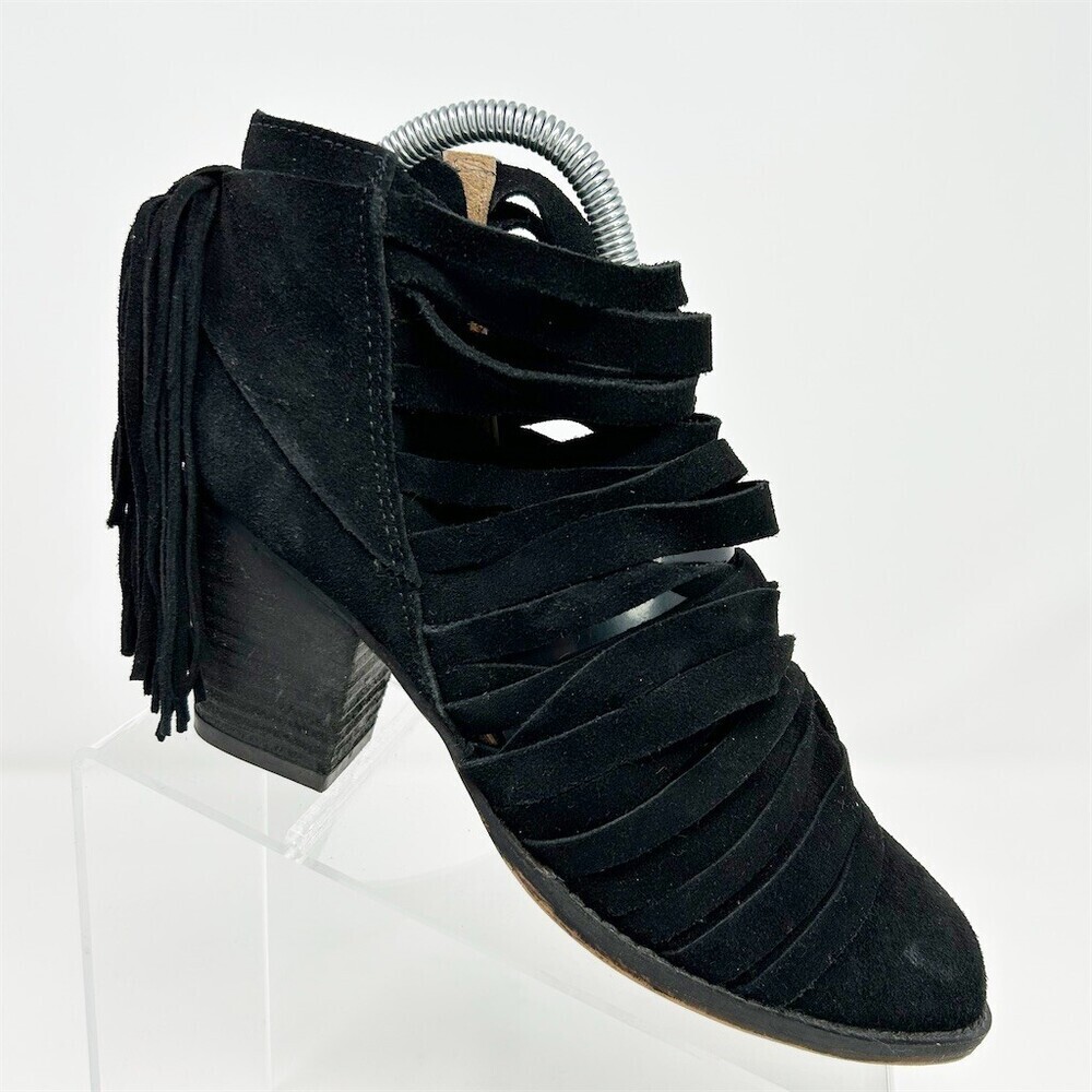 Jeffrey Campbell Western Black Suede Ankle Booties Block Heel Fringe Size 8